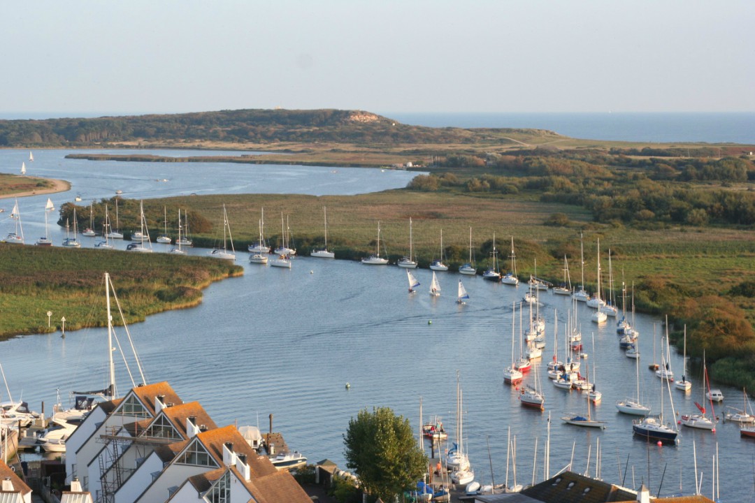 An aerial view of Christchurch Quay and the surrounding heathland